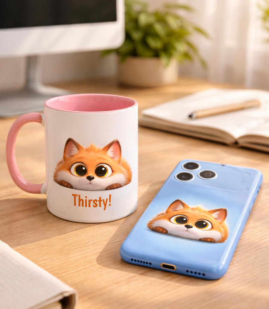 Matching fox design ceramic mug and pink Macbook hardshell case on a marble desk.