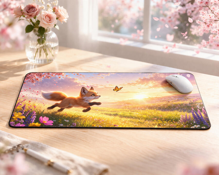 Large gaming mousepad with fox and cherry blossom design on an aesthetic wooden desk.