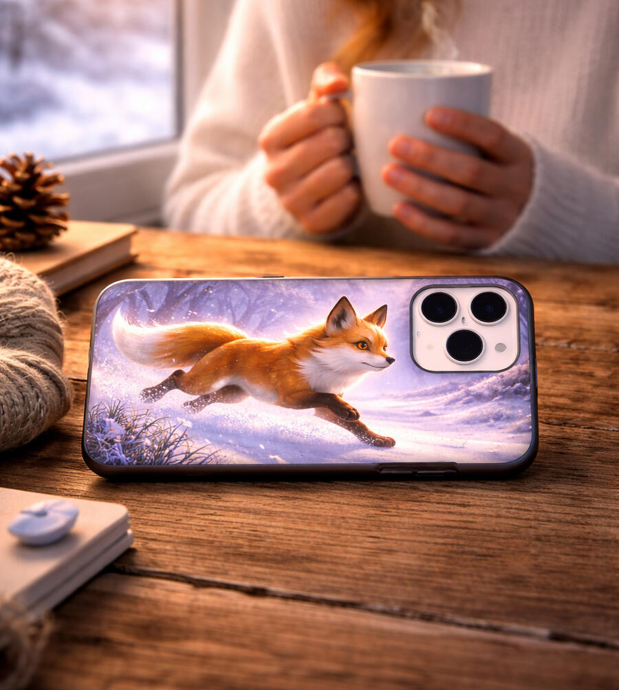 Cozy iPhone case mockup with running fox design on a wooden table by a snowy window.