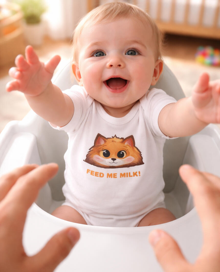 Cute baby bodysuit featuring 'Feed Me Milk!' fox design, POV father's perspective hugging.